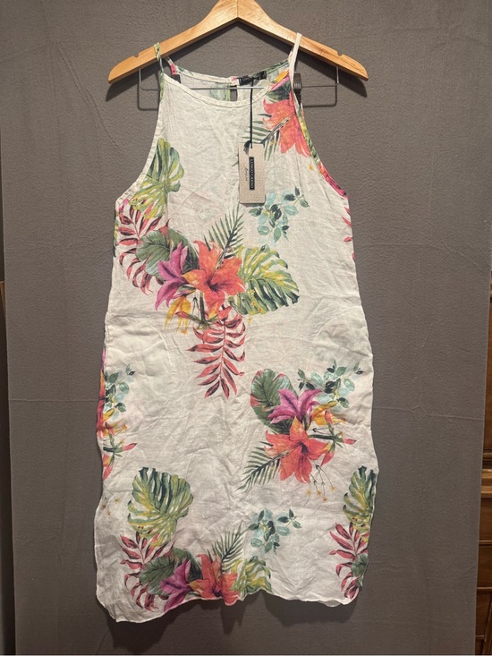 Lungo L’Arno Dresses & Skirts - Lungo L'Arno Tropical Linen Halter Dress - White with Pink & Green Floral